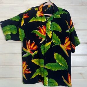 Koman Hawaiian Shirt Casual Button Down Navy Blue/Green Size Large